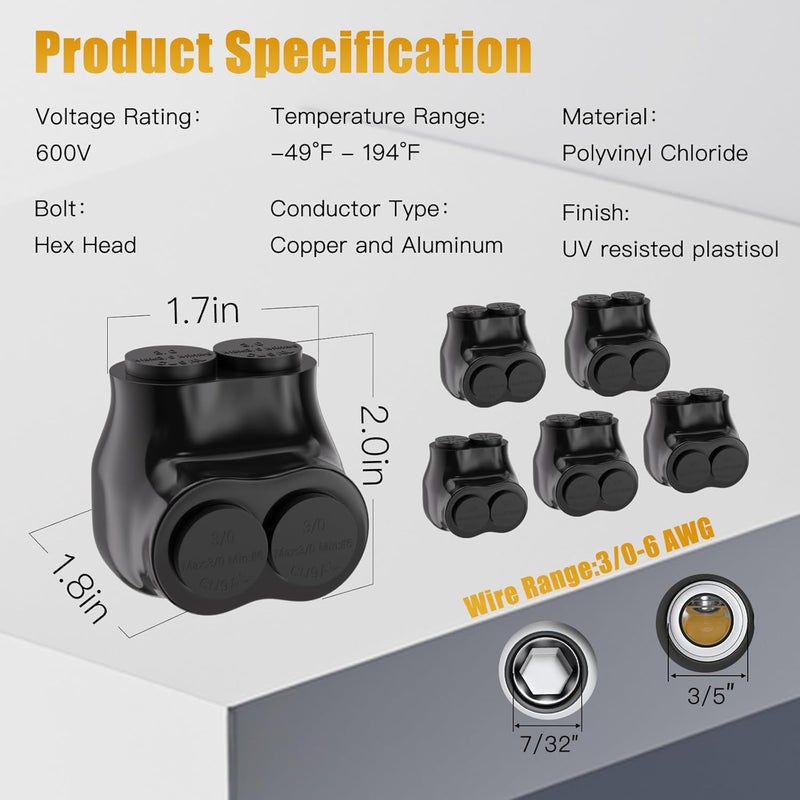 STARELO 6PCS 2 Port Insulated Connector, Single-Sided Splice, Multi Tap Cable Connector for Copper and Aluminum Wires, Slotted Hex, Black Vinyl Coated, Pre-Filled Oxide Inhibitor (3/0-6 AWG) - Image 3